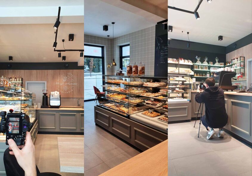 nowa placówka cukierni Mecyje Sądeckie, kolaż zdjęć podczas sesji wnętrza. Projekt Grid Studio Projektowe.